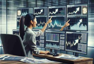 Create a realistic high-definition image of an analyst of South Asian descent, female, studying patterns and trends on multiple computer screens. The information shown on the screens illustrates a bullish trend in a hypothetical meme-style cryptocurrency related to 'Solana'. The analyst should be in a modern office environment, surrounded by charts and graphs displayed on the screens. She should behave focused and excited, possibly pointing to a dynamic uptrend line on one of the graphs.