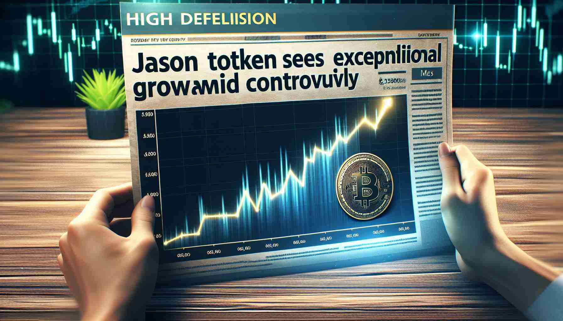 An high definition image depicting the rise of a once controversial digital currency, named JASON. The chart should show the impressive growth trajectory of the token. Alongside the graph, there is a headline reading 'JASON Token Sees Exceptional Growth Amidst Controversy'.