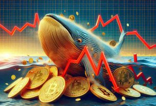 An high-definition image illustrating the concept of 'Bitcoin Whales' exhibiting caution and reducing risk on cryptocurrency derivatives exchanges. Depict an imposing whale made entirely of golden Bitcoins, surfacing cautiously from the digital sea against a backdrop of plummeting red line graphs symbolizing the decline in market volatility.