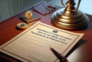 A realistic high-definition image of a hypothetical U.S. legislative document highlighting a move to enable Bitcoin payments for federal taxes. The document should be placed on a mahogany desk under a desk lamp. The desk should also contain a stylized pen and a pair of reading glasses. Please depict the scenario as though it were a statement of historical significance.