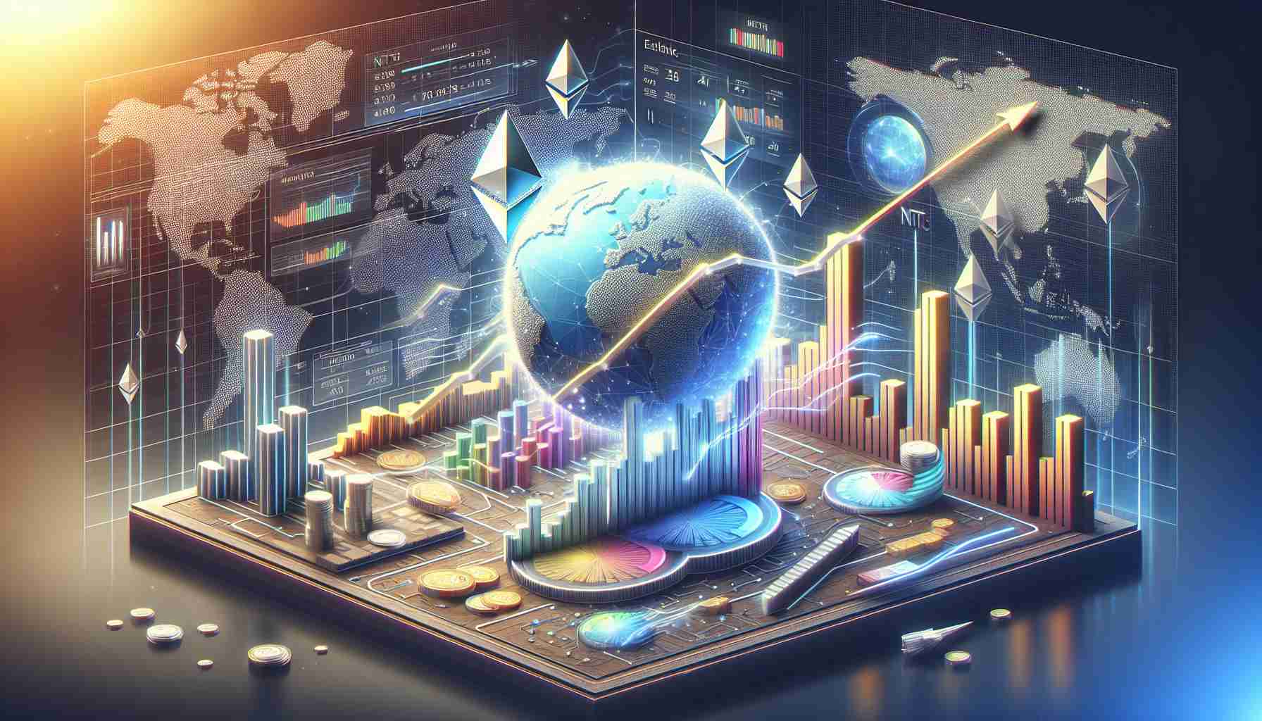 Generate a high-definition infographic that realistically portrays the shift in dynamics within the NFT marketplace as Ethereum moves into a leading position. The infographic should visually represent data and trends, showcasing the surge in Ethereum's influence and dominance in the NFT market space.