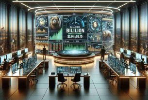 Present a highly detailed and realistic rendering of a hedge fund office space. Display it as an innovative hub where artificial intelligence is extensively used. Show visual elements like stock market screens, AI-powered computer systems, and futuristic-looking financial graphs. Include a large, eye-catching ticker or digital display in the center, showing the ambitious target of raising $1 billion.