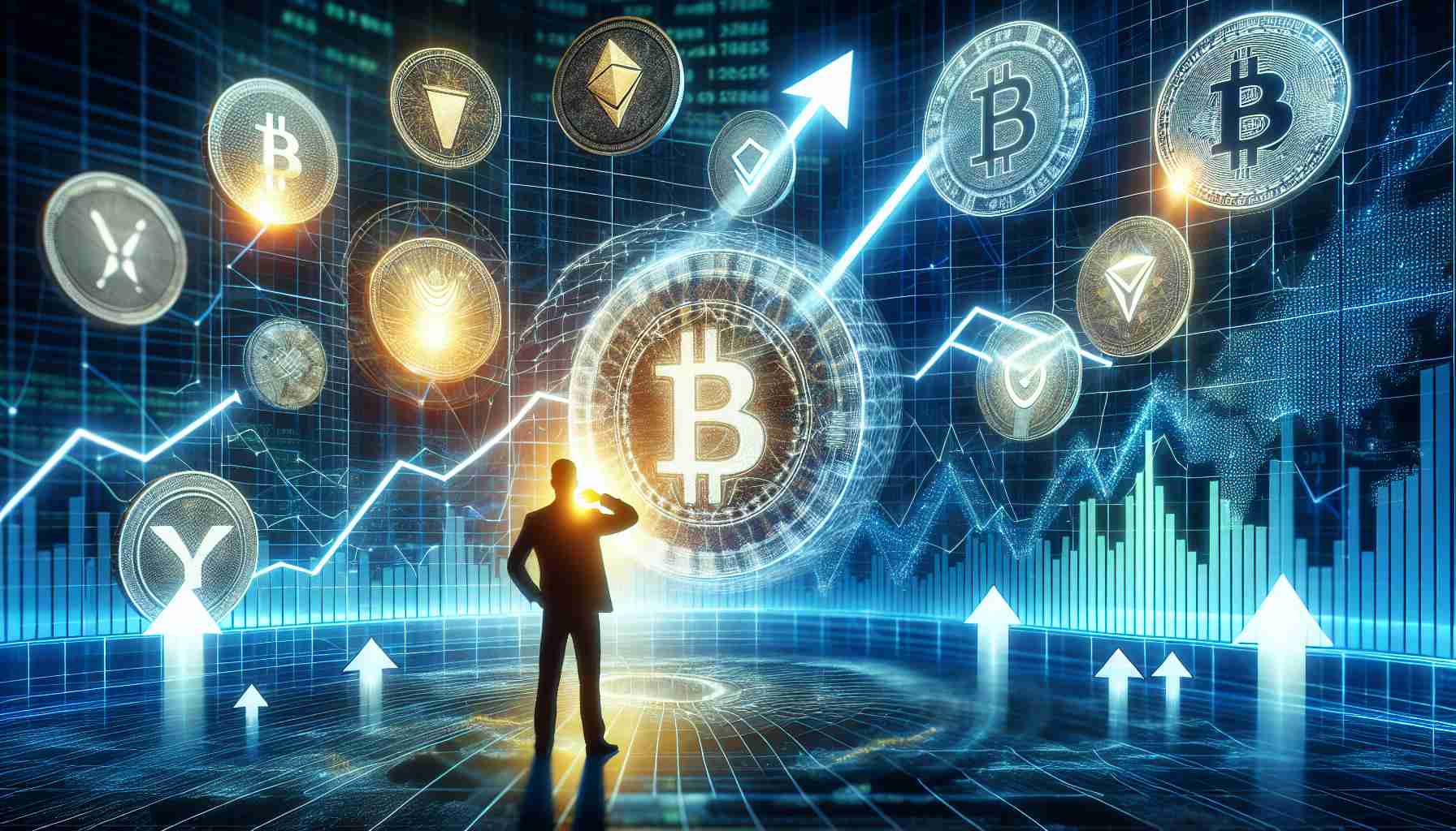 Generate a detailed and realistic high-definition image representing various altcoins rallying in the second half of the year 2024, as predicted by an anonymous cryptocurrency analyst. The scene may include upward pointing arrows, soaring graphs, and glowing coins symbolizing the altcoins. A figure symbolizing the analyst in silhouette can be seen in front contemplating the market surge on a financial screen.