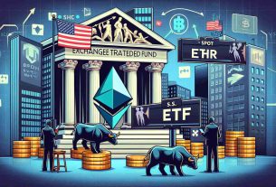 Generate a realistic, high definition image of the concept of 'Spot Ether ETFs (Exchange Traded Funds)' preparing for entrance into U.S. markets amidst ongoing conversations about staking. Possible elements could include symbolic representations of Ether / Ethereum, an ETF symbol, the U.S. financial market juxtaposition (e.g., Wall Street or a Bull/Bear symbol) and an abstract representation of 'staking'. Please ensure all elements work in harmony to encapsulate the mentioned scenario.