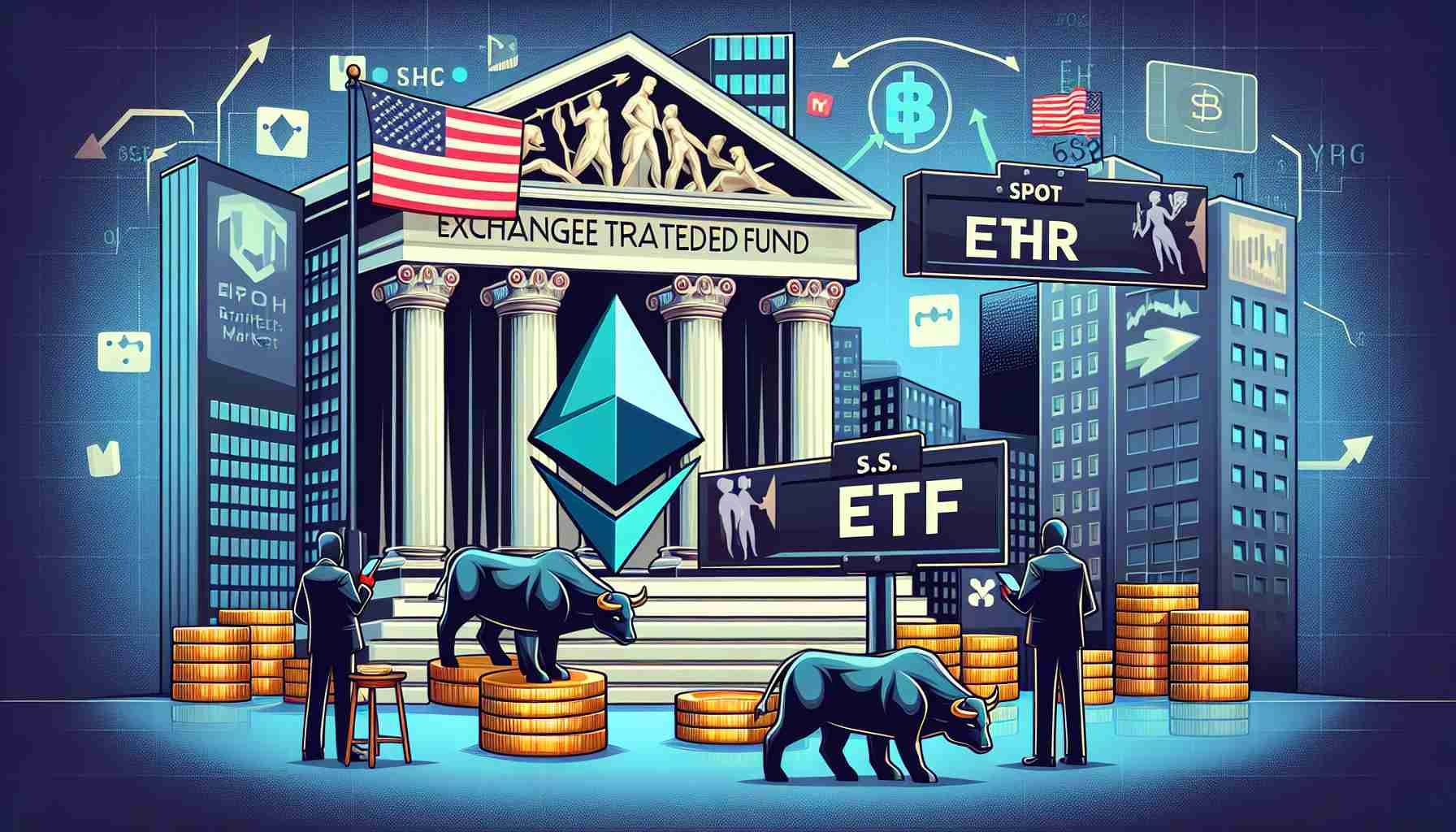 Generate a realistic, high definition image of the concept of 'Spot Ether ETFs (Exchange Traded Funds)' preparing for entrance into U.S. markets amidst ongoing conversations about staking. Possible elements could include symbolic representations of Ether / Ethereum, an ETF symbol, the U.S. financial market juxtaposition (e.g., Wall Street or a Bull/Bear symbol) and an abstract representation of 'staking'. Please ensure all elements work in harmony to encapsulate the mentioned scenario.