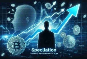 An HD illustration depicting the concept of speculation causing cryptocurrencies to surge. The backdrop consists of a silhouette of a public figure illustrating a sense of association, alongside soaring arrows and digital coins. The word 'speculation' is prominently featured, illustrating the driving force behind the surge.