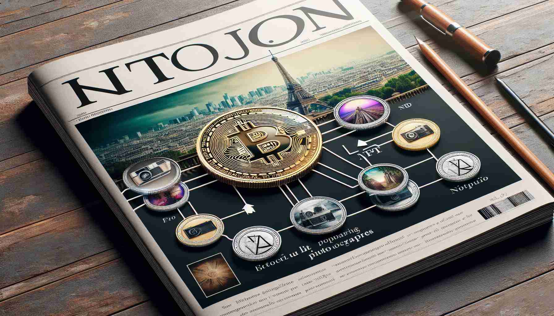 Realistically detailed HD image depicting the concept of a major French magazine transitioning into the digital age with a focus on Non-Fungible Tokens (NFTs) and photography auctions. Illustrate the aesthetic beauty of Paris, and symbolically integrate elements of digital technology, like NFT symbols and an online auction platform. Remember to maintain the charm of the traditional print media in contrast with the futuristic digital era.