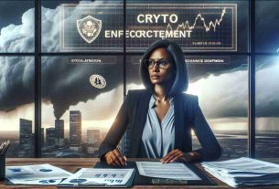 Realistic HD image of a professional office scene with a middle-aged, black woman symbolizing a leader in the crypto enforcement department of a generic securities and exchange organization. The background highlights a metaphorical storm representing regulatory challenges - the stormy sky seen through a large window behind her and papers scattered around symbolizing turbulence.