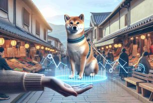 Generate a realistic HD image of a Shiba Inu dog with a holographic display projection in front of it showing a graph with a rising line, symbolizing a daily burn rate. The backdrop should depict a serene marketplace with people trying to go about their day-to-day activities in a slightly subdued manner.