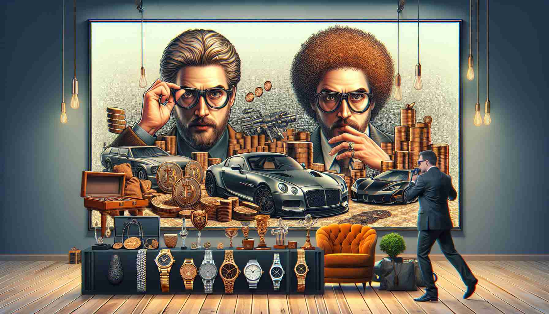 Generate a highly realistic and high-definition image featuring a scene where creditors pursue the confiscated possessions of a former cryptocurrency exchange CEO, who has distinctive curly hair and glasses. Picture a setting with various high-value items, including luxury cars, expensive watches, and elegant furniture.