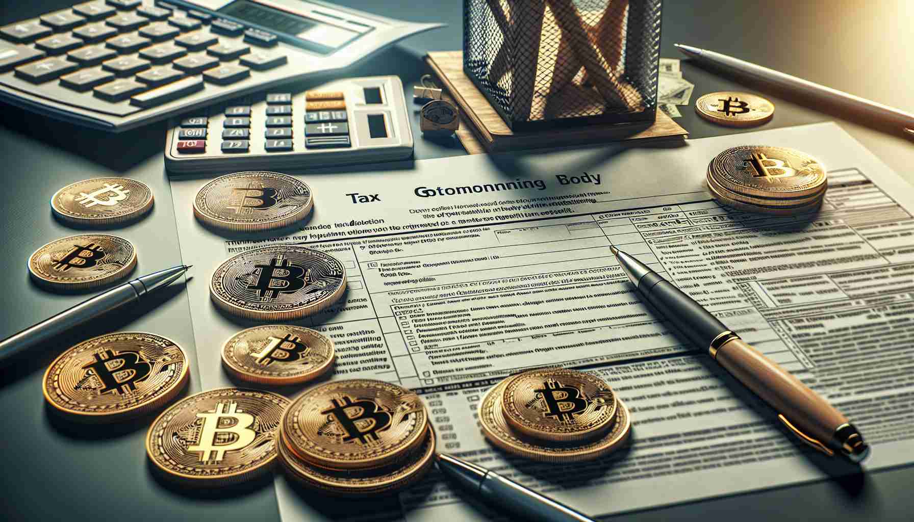 A realistic and high-definition representation of the new standardization of cryptocurrency tax reporting by the tax governing body. The image shows a set of newly introduced rules and forms relating to taxing digital currencies, all laid out on a well-lit desk. The desk also includes traditional tax reporting tools such as calculators, pens, and glasses for a comprehensive portrayal.