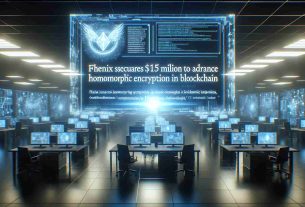 Represent a scene where the text headline 'Fhenix Secures $15 Million to Advance Homomorphic Encryption in Blockchain' is written on a futuristic digital display. The background should be a high-tech startup office environment filled with computer screens showing complex codes and algorithms. Ethereal light rays should illuminate the text from a light source above. Please ensure the image is generated in a realistic HD quality.