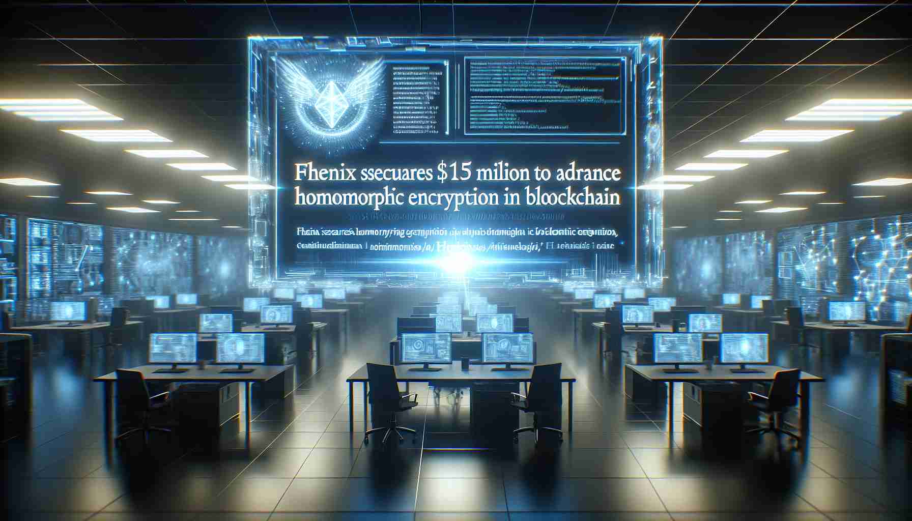 Represent a scene where the text headline 'Fhenix Secures $15 Million to Advance Homomorphic Encryption in Blockchain' is written on a futuristic digital display. The background should be a high-tech startup office environment filled with computer screens showing complex codes and algorithms. Ethereal light rays should illuminate the text from a light source above. Please ensure the image is generated in a realistic HD quality.