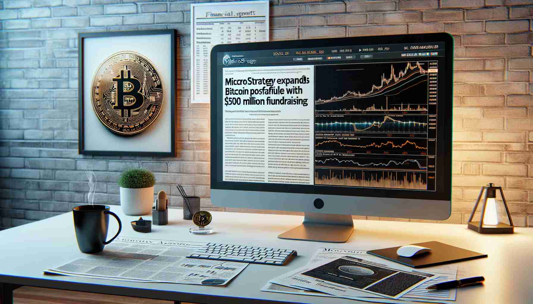 A high definition, realistic image of a financial report headline stating 'MicroStrategy Expands Bitcoin Portfolio with $500 Million Fundraising'. The setting includes a sleek modern office, with a computer displaying a live bitcoin trading platform on the screen. Next to it, a print of the headline and a cup of coffee. Papers with financial data are strewn about the table, and a framed picture of a bitcoin coin is seen in the background.