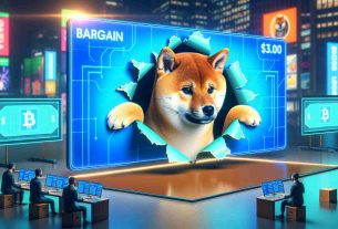 Generate an image of a virtual 'bargain window' concept opening, symbolising a dip in the prices of a generic digital token represented by a Shiba Inu dog. The scene should be as realistic as possible and of high-definition quality.