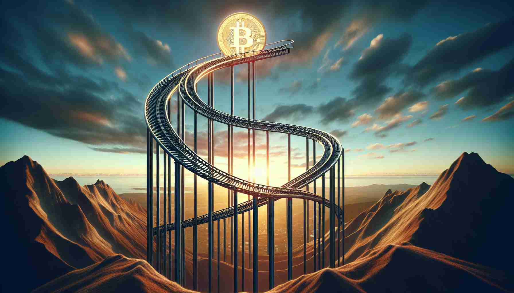 A high-definition, realistic digital artwork of the metaphorical representation of the cryptocurrency market rollercoaster. The concept captures the volatility and uncertainty inherent in the trading of cryptocurrencies like Bitcoin. The rollercoaster forms an uneasy ascending track, signifying a potential short squeeze. The backdrop is filled with a breathtaking horizon view. Do note, no brand logos or real-world company references should be included in the image.