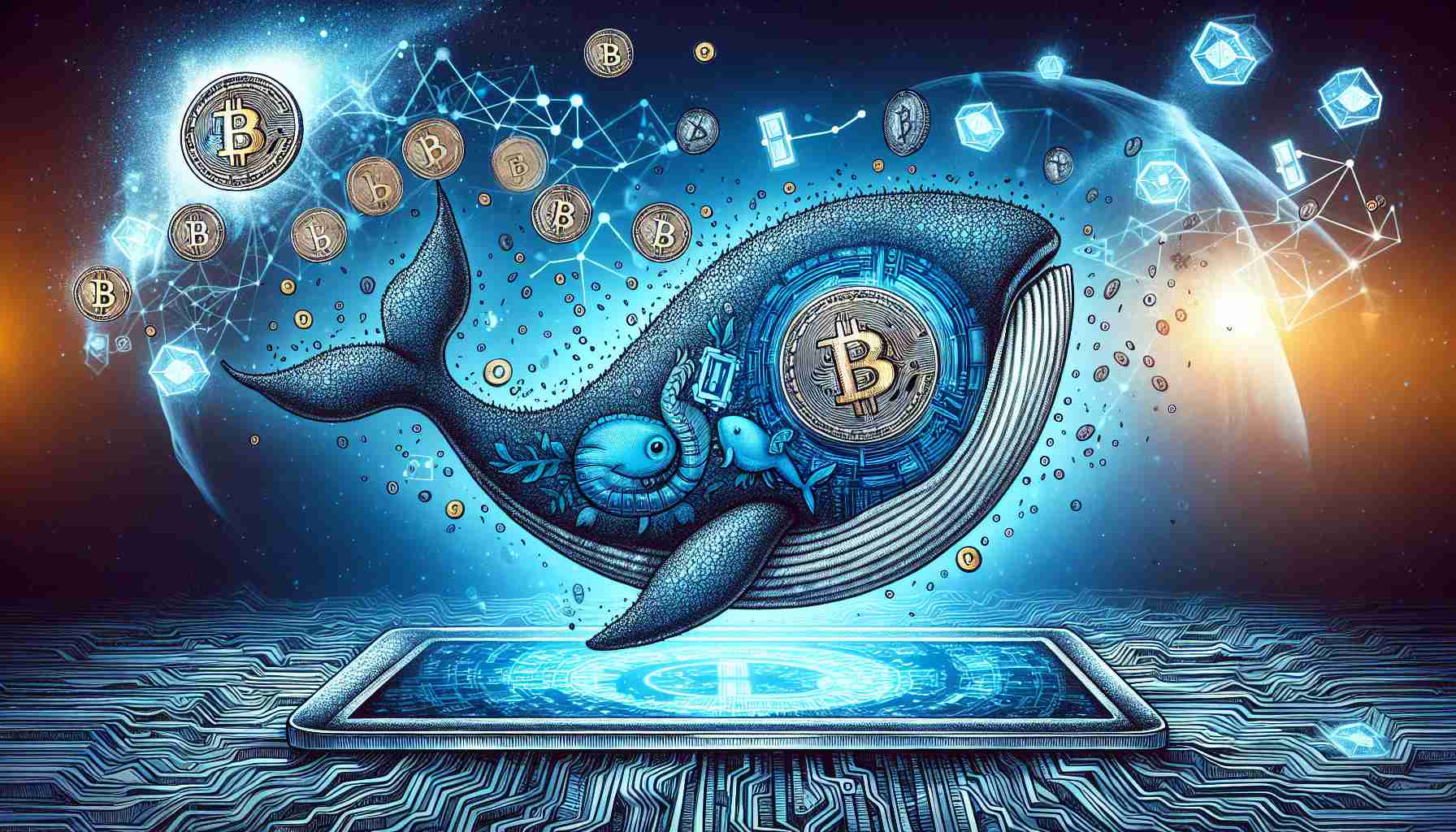 An illustrative image representing the concept of a Bitcoin Whale Wallet reactivating after a long period of inactivity. Picture a symbolic whale, made up of Bitcoin logos, waking up from sleep. Surround the image with elements symbolic of the cryptocurrency world such as blockchain chains, digital coins, and futuristic technology visuals. Emphasize on clarity and quality to create a realistic High Definition image.