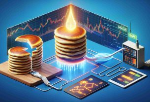 Create a realistic high-definition image representing the innovation of PancakeSwap in implementing gasless trading to enhance DeFi (Decentralized Finance) accessibility. The image should display an abstract concept of a traditional physical swap market receiving its power from pancakes. Meanwhile, a flow of energy, free from any gaslike restrictions, empowers digital devices displaying charts and graphs, symbolizing ease of access to DeFi systems.