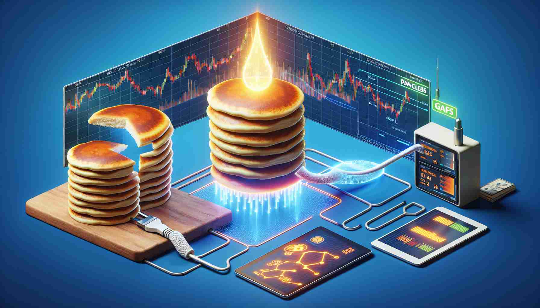 Create a realistic high-definition image representing the innovation of PancakeSwap in implementing gasless trading to enhance DeFi (Decentralized Finance) accessibility. The image should display an abstract concept of a traditional physical swap market receiving its power from pancakes. Meanwhile, a flow of energy, free from any gaslike restrictions, empowers digital devices displaying charts and graphs, symbolizing ease of access to DeFi systems.