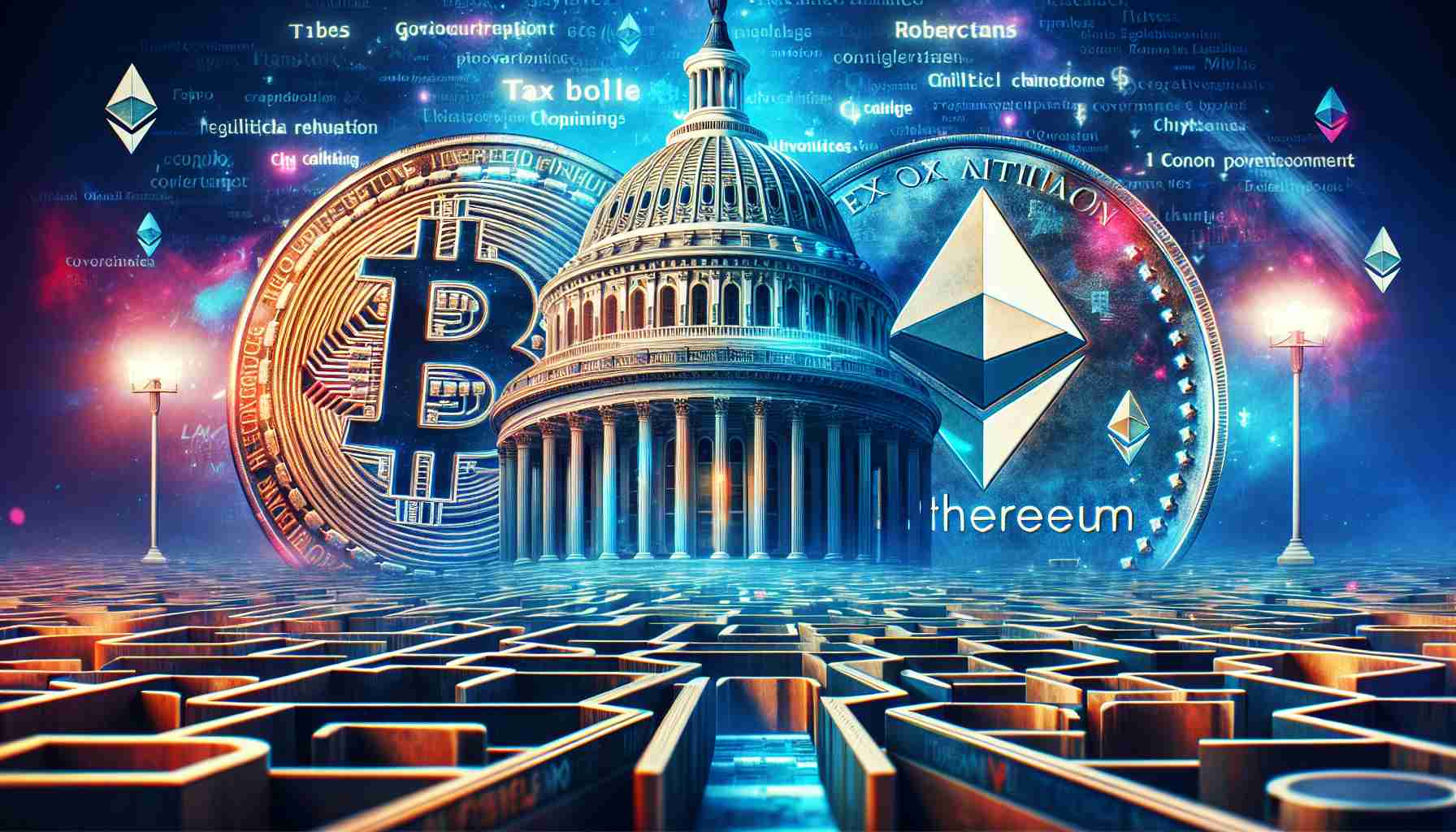 An ultra-high definition, realistic image portraying a conceptual representation of the United States' cryptocurrency tax payment initiatives. Foreground shows digital coins, inscribed with symbols of cryptocurrency like Bitcoin, Ethereum, being inserted into a traditional government building signifying tax payment. Text overlays announce initiatives taking center stage. Background portrays symbolic hurdles or obstacles, representing regulatory challenges. These can be depicted as high walls, mazes, or stormy weather - anything that signifies challenge. Colors of the image should reflect a fusion of traditional government symbolism (blues, reds, whites) blended with the digital glows of cypto colors (blues, purples, greens).