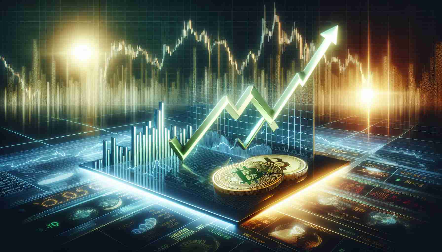 A realistic, high-definition illustration representing the concept of optimism lagging. The image depicts a positive graph indicating the rise of a technology company and a digital currency amidst a backdrop reflecting economic uncertainty. The graph should show two lines: one representing a technology company with a green logo, the other a digital currency symbolized by a gold coin. The backdrop could illustrate a fluctuating stock market and various economic indicators to portray economic uncertainty.