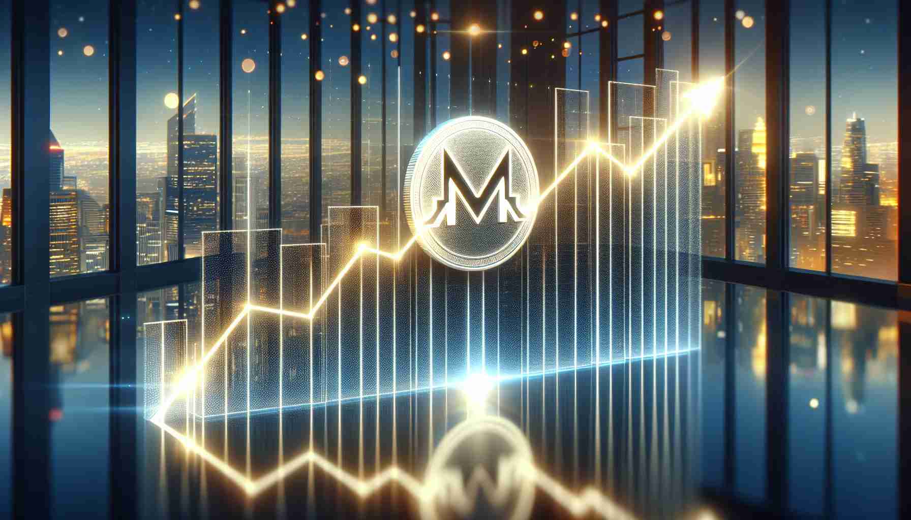 A high definition, realistic image illustrating the steady climb of the Monero cryptocurrency. The illustration should represent an upward trending graph to reflect market confidence and stability. This graph should be placed in an environment that symbolizes secure finance, such as a modern office with glass walls reflecting city lights. The graph should be glowing softly, indicating a bright future. Adding a bit of abstract concept, imagine the Monero logo emerging from the glowing essence of the graph - signifying its continual growth in the financial world.