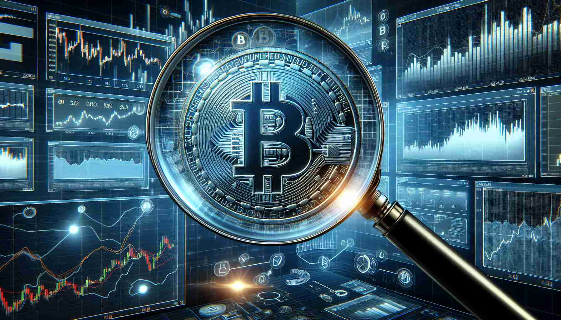 High-definition realistic depiction of complex market mechanics employed by the Bitcoin network during a period of correction. The image features a transparent glass-like Bitcoin, surrounded by screens displaying various graphs and market data. There's a descending arrow signifying the correction period and a magnifying glass focusing on the most intricate details of the process.