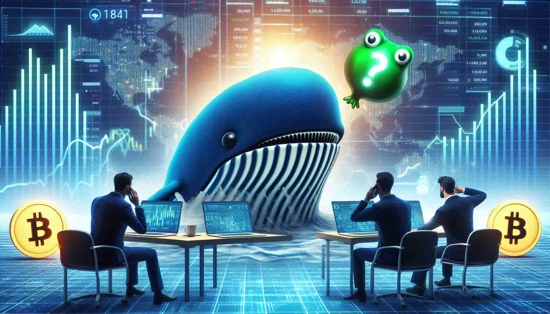 A realistic HD image showing the market reaction to a mysterious, unknown cryptocurrency trader, which is often symbolized as a whale, causing a significant stir with a colossal movement of a fictional digital currency symbolized by a frog emoji. The scene could include visualizations of data charts illustrating the huge amount of digital currency transferred or the sharp fluctuations in the market.