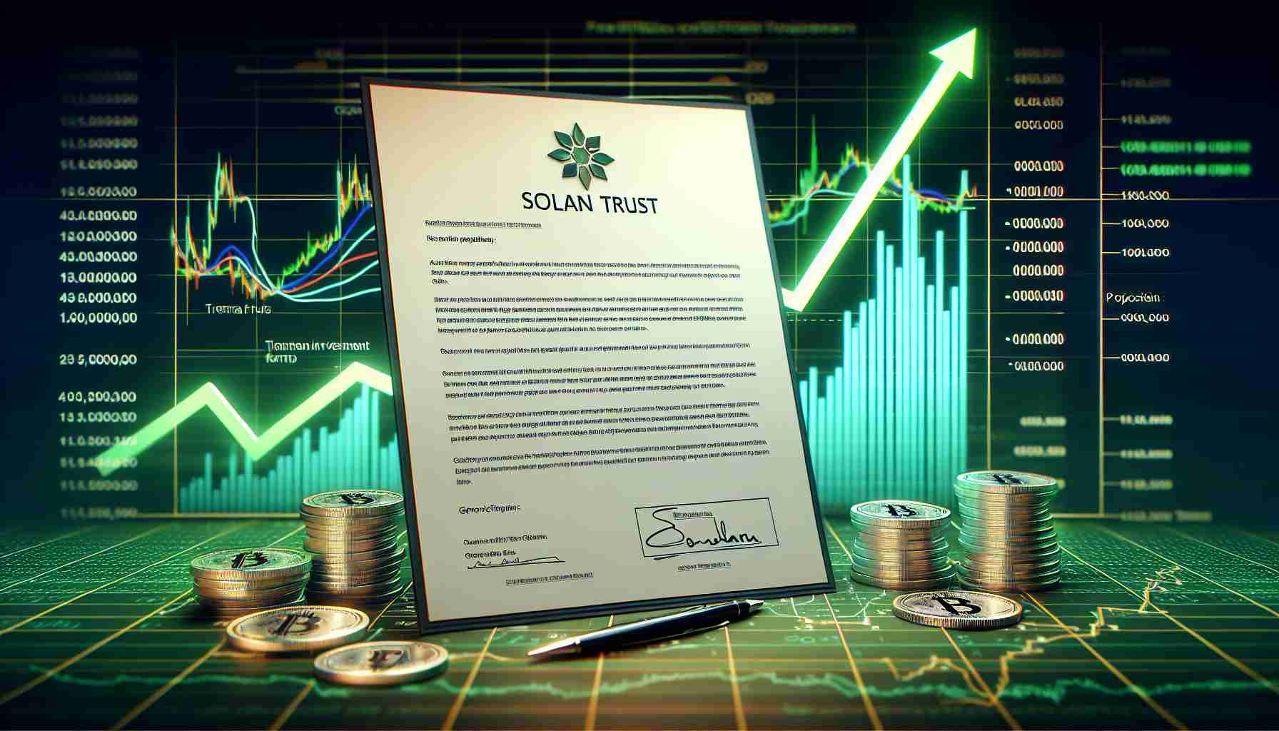 A high-definition, realistic image of a fictional proposal document for a Solana Trust by a generic investment firm, set against the backdrop of a graph symbolizing a soaring cryptocurrency market. The document should be rich in detail, featuring official-looking headers, financial terms, and the Solana logo. The background includes a rising line graph representing a bullish market trend in bright green, along with various technical analysis indicators.