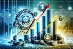 Realistic high-definition visual representation of the rise of Toncoin Success and BlockDAG amidst the decline of FTM. Please depict these concepts as symbolic elements within a stock market environment, with trends and graphs illustrating their respective ascents and descent.