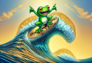 A detailed, high-definition image of a conceptual character related to cryptocurrency, depicted riding atop a large, physical wave. The character is green frog-like, sporting a large grin full of enthusiasm. The wave underneath the character is shimmering gold, signifying the rising value of cryptocurrency. The entire scene is imbued with a sense of momentum and optimism.