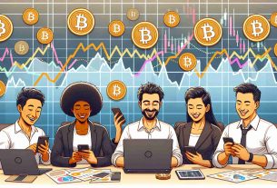 Create a detailed, high-resolution image of a diverse group of individuals contentedly reviewing their Bitcoin investments on their laptops and mobile devices in an office setting, conveying a sense of profit and success amidst a backdrop of stock market charts showing volatility. The people comprise of a Black woman, a Hispanic man, a Middle-Eastern woman, and a South Asian man, all variously engaged in studying market trends and expressing satisfaction with their cryptocurrency gains.