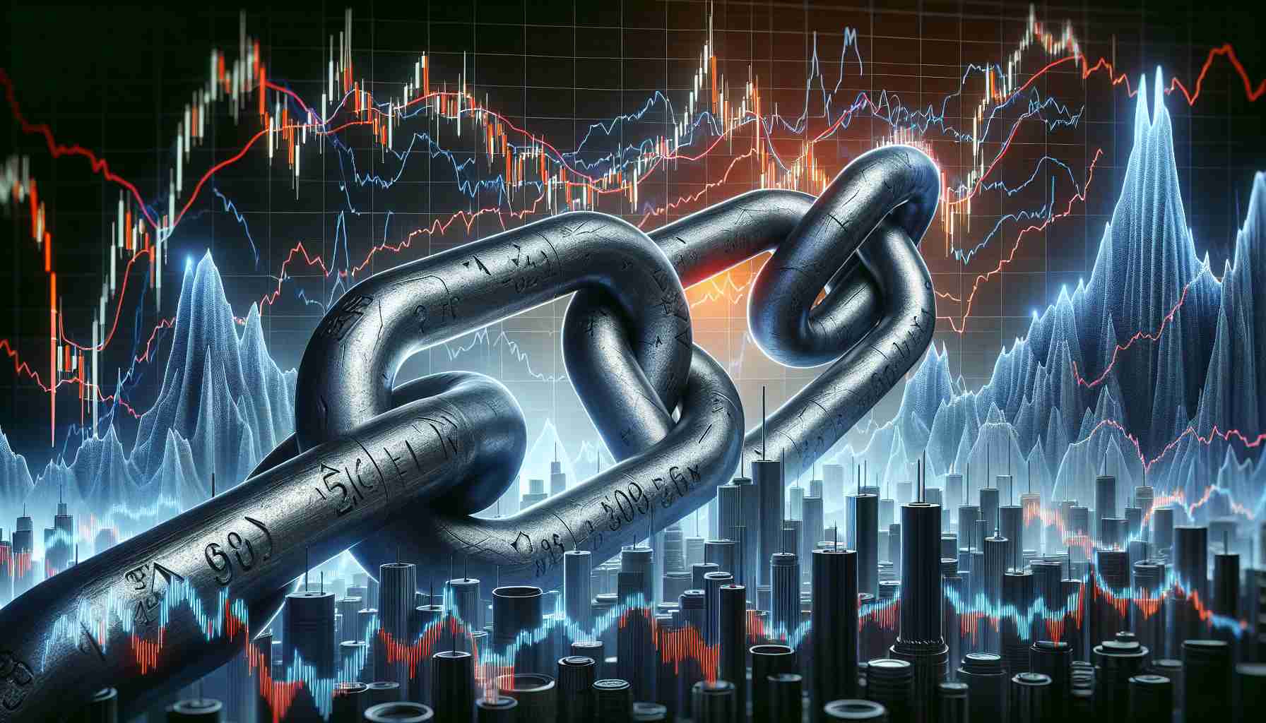 Create a highly detailed realistic image representing the concept of resilience amid market fluctuations, exemplified by a symbolic chain link. Please include a background of a stock market chart displaying intense volatility, with sharp peaks and deep valleys, and at the center place a metaphorical, durable steel chain link, showing no signs of breaking or cracking, epitomizing resilience and perseverance.