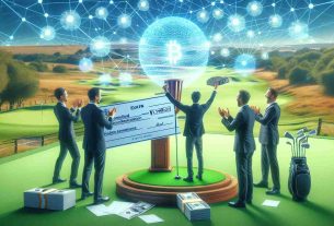 High-definition, realistic image of a symbolic moment in which a hypothetical golf company, assimilated to 'GolfN', is receiving a funding cheque of $1.3 million to be used for a blockchain-powered golf experience. The scene portrays ecstatic members of the company, paperwork of the funding agreement and a backdrop of a serene golf course digitally enhanced with blockchain network visualizations representing its futuristic nature.