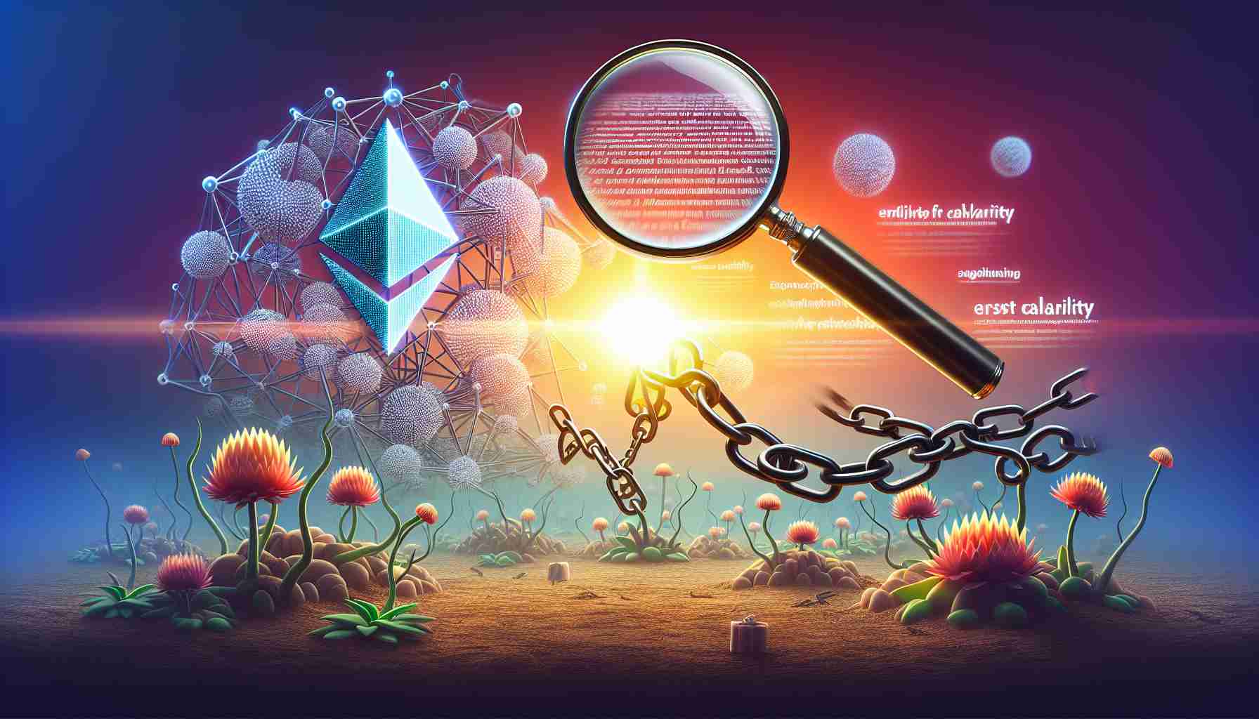 Create a realistic, high-definition illustration that shows a complex ecosystem, but in this case symbolizing the Ethereum blockchain network. This ecosystem is coming out of darkness and into clarity, indicating the end of scrutiny. As a symbolic representation of the news headline, include elements like unchained shackles, a magnifying glass now set aside, and a bright sunrise illuminating the network's visibility, clarity, and stability. Please don't include any real persons or specific logos.