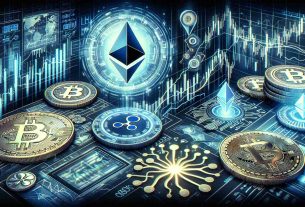 Create an ultra-high-definition image illustrating recent trends in the cryptocurrency realm, featuring symbolic representations of Ethereum and Ripple, among others. It could include a metaphorical representation of a market, with surges and declines in value, and tokens or emblems for different cryptocurrencies. Additional elements could include graphs, digital interfaces, and futuristic technology aesthetics.