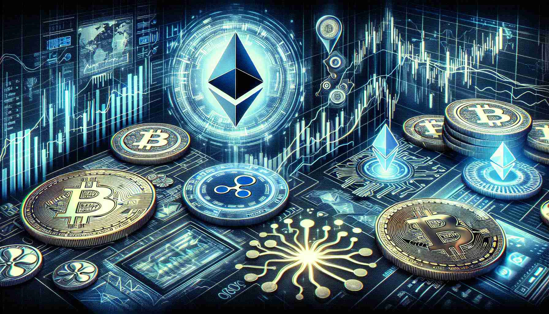 Create an ultra-high-definition image illustrating recent trends in the cryptocurrency realm, featuring symbolic representations of Ethereum and Ripple, among others. It could include a metaphorical representation of a market, with surges and declines in value, and tokens or emblems for different cryptocurrencies. Additional elements could include graphs, digital interfaces, and futuristic technology aesthetics.