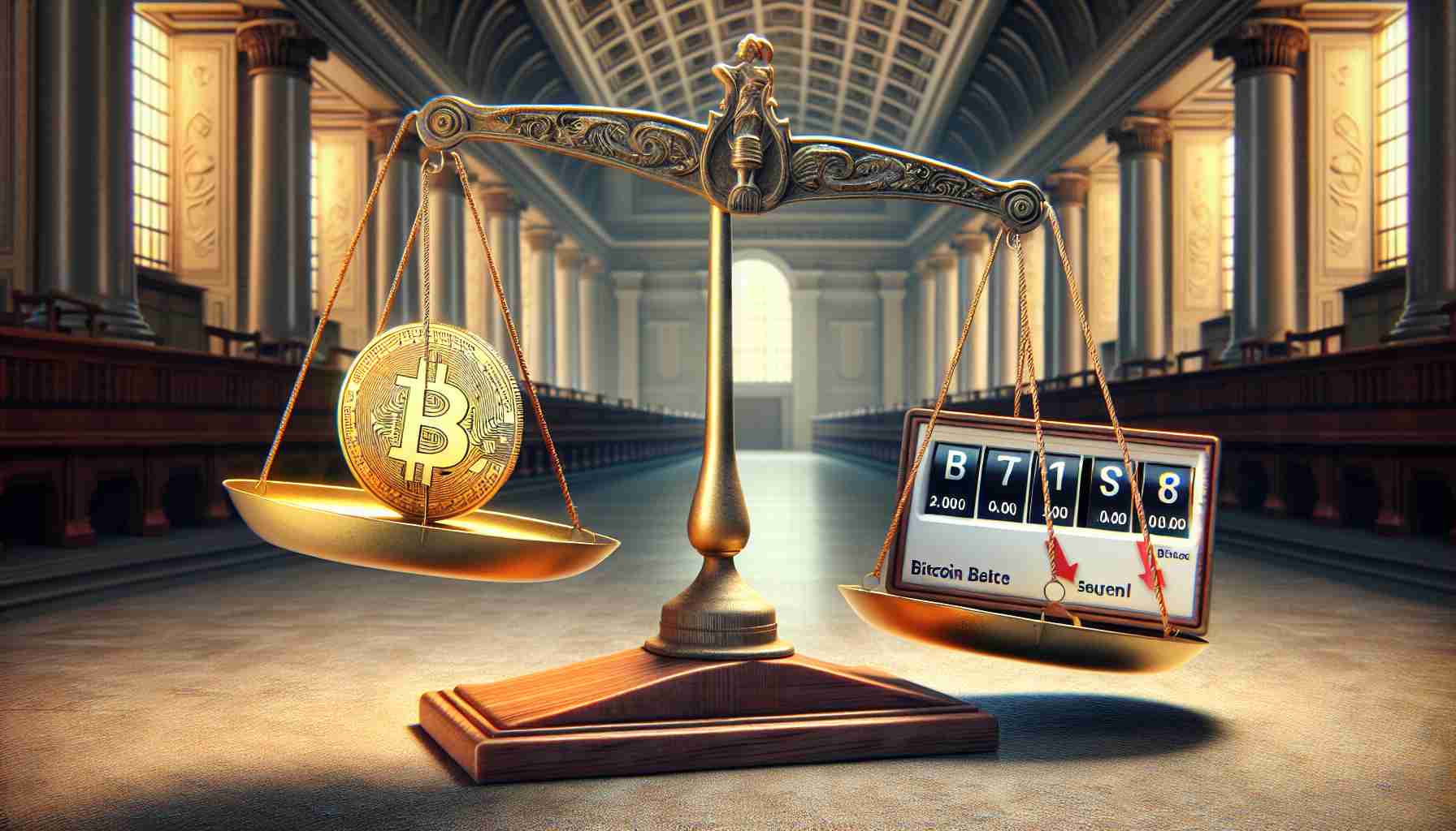 High definition, realistic representation of Bitcoin's stability being shaken due to the decision of the rate set by a central banking system. Visualize this metaphorically: a symbolic representation of Bitcoin (such as a golden coin with Bitcoin logo on it), on a narrow balance beam, trembling or swaying due to the weight of a scale displaying variations in numbers, intending to represent the changing rates. The background could hint at a stately, austere institution suggestive of a traditional financial establishment.