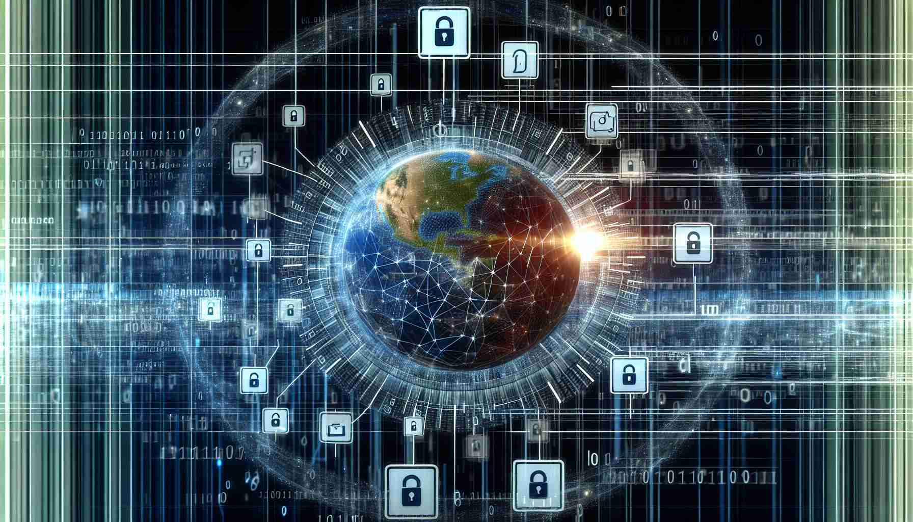 Generate a High Definition image showcasing an abstract representation of an organization empowering a digital ecosystem with global ID integration. The image should demonstrate the symbiosis between entities in a technological environment, with a sequence of ones and zeros (representing digital data) converging towards a central point, symbolizing the integration of a global ID. Outlined in the scene, reference points to a connection network and nodes, highlighting the interconnectedness and mutual benefits in such an ecosystem.