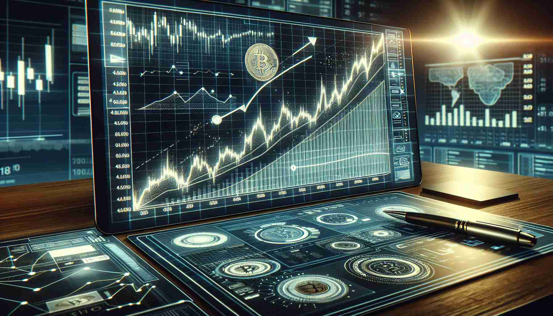 A highly detailed and realistic image of a line graph chart showcasing a positive trend. The graph could symbolize Bitcoin's value trend, displaying significant growth over time. It is placed on a digital interface as though viewed on an expert analyst's computer screen. Accompanying the graph, there should be visible data points, digital campass, annotation tools, and a series of complex financial indicators, all suggesting a prediction of Bitcoin reaching new heights. This image should reflect a sophisticated and tech-oriented space, symbolizing the cutting-edge nature of cryptocurrency markets.