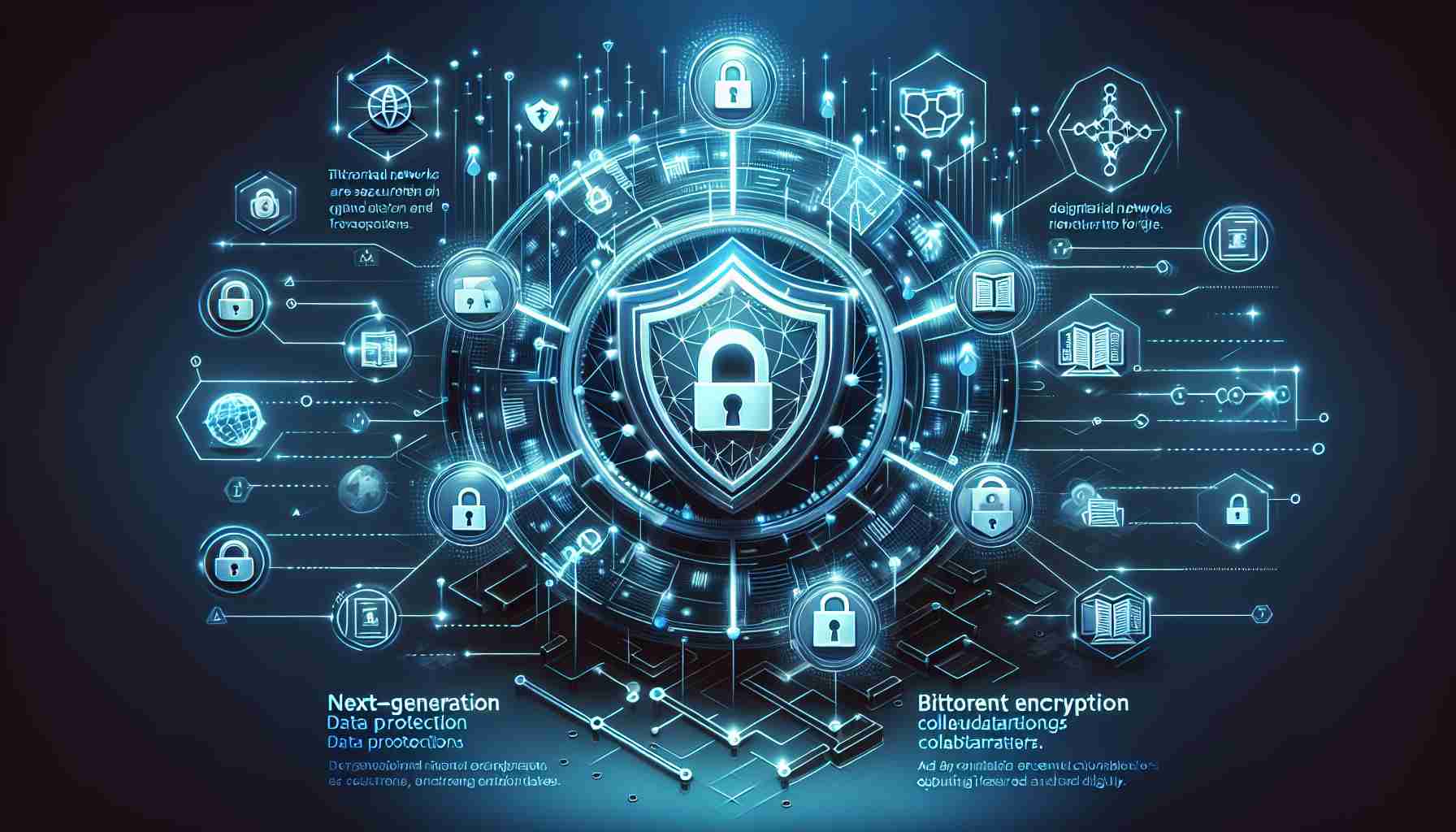 An image showcasing Next-Generation Data Protection where decentralized networks are shown to be secured and fortified. Add in elements of BitTorrent encryption collaborators operating diligently in a high-resolution depiction. Use symbolic representations to indicate data protection such as shield or lock symbols. The design should be modern and sleek to capture the essence of progress in technology.