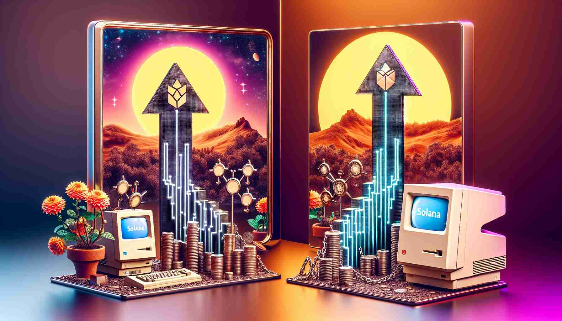 An HD image illustrating the concept of Solana blockchain's growth mirroring the historical approach of Apple's Macintosh computer. On one side, display a stylized upward arrow symbolizing Solana's growth, possibly incorporating elements associated with blockchain like chains or nodes. On the other side, showcase an old-fashioned personal computer (avoid any explicit branding) representing the rise of the Macintosh. Add a mirror between the two halves of the image, symbolizing the mirroring of the approaches. Make the setting nuanced, visually appealing, realistic and vibrant.