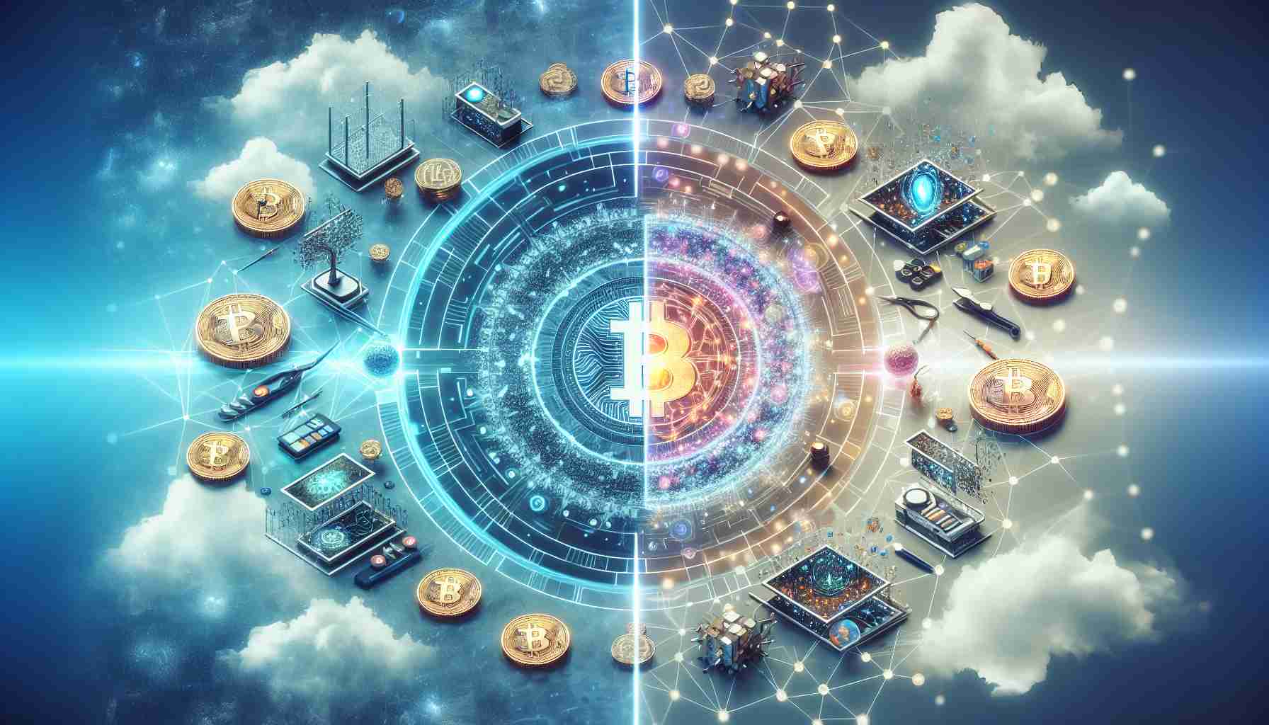 Create a high definition, realistic image depicting the merging of two entities in the cryptocurrency and artificial intelligence sector, set in the month of July. The scenario should evoke symbolism of revolution, with futuristic tech symbols and distinct features like circulating crypto coins and AI elements like neural network visuals.