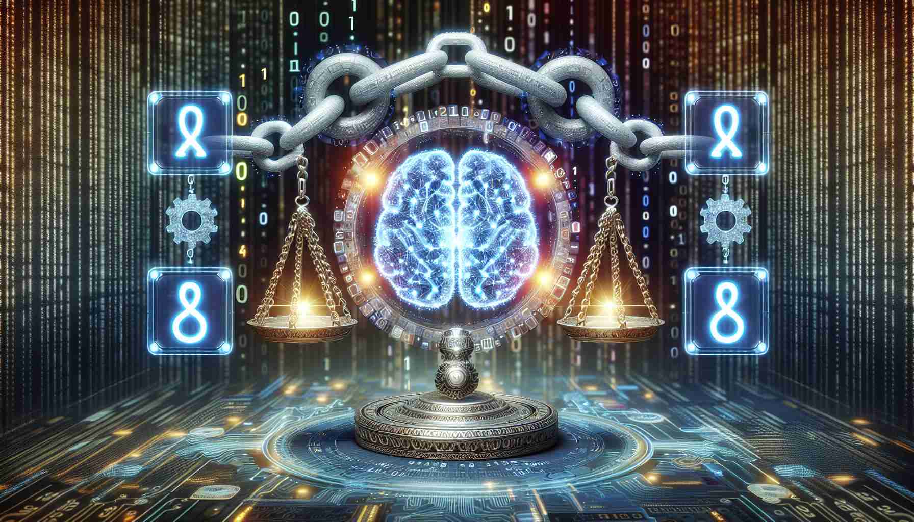 A HD conceptual illustration representing the integration of Blockchain technology and Artificial Intelligence for enhanced accountability in making critical decisions. Illustrate interlocking chains as a symbol for blockchain surrounded by luminous code, interfacing with a glowing brain icon to symbolize AI. Also, depict a balance scale, indicating decision making, with LED screens displaying binary numbers. All set against an abstract, high-tech digital background signifying the seriousness of high-stakes decisions.