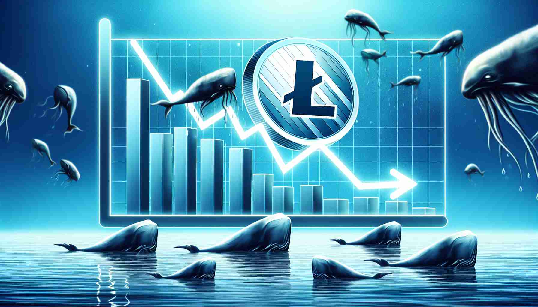 A high-definition realistic illustration of a dropping Litecoin price represented on a screen, perhaps incorporated into a bar graph or line graph, with subtle imagery of large sea creatures indicative of 'whales' gathering, possibly shadowy figures over the sea or an ocean backdrop.