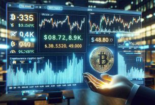 A high-definition realistic image showing a digital screen update in a stock market scenario displaying cryptocurrency rates. The primary focus is on Bitcoin which shows a value dip below $64K. Another part of the screen hints at upcoming Crypto Spot Trading.