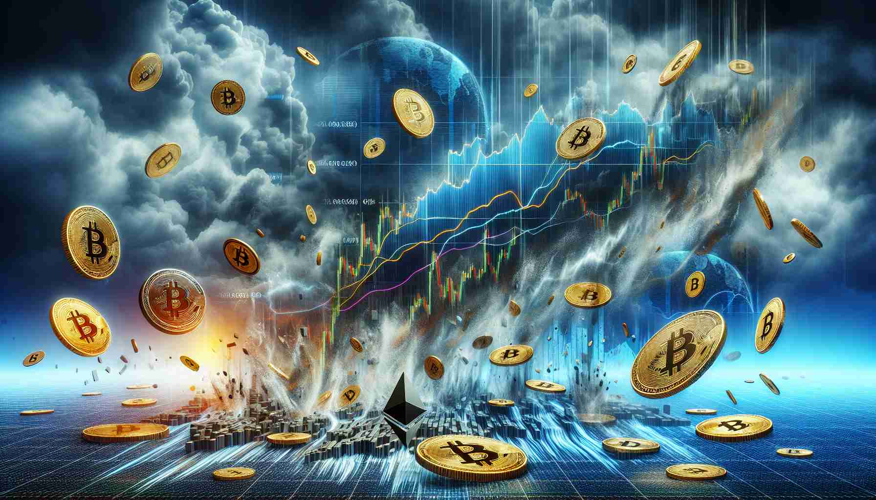 A high-definition image depicting the concept of a turbulent cryptocurrency market with significant liquidations. Please include an abstract representation of graphs and charts plummeting, coins representing various cryptocurrencies like Bitcoin and Ethereum falling from the sky, and perhaps a stormy atmosphere to signify turbulence.