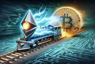 A detailed, high-definition image showing the concept of Ethereum Exchange-Traded Products gaining momentum over Bitcoin. The picture should depict Ethereum symbol in the form of a train charged with electric energy gaining speed, metaphorically indicating its momentum. At the background, there's the Bitcoin symbol, rendered slightly pale to symbolize its comparative lag. The overall mood of the image should be dynamic and exciting, hinting at the world of digital currency trading and its unpredictable yet fascinating nature.