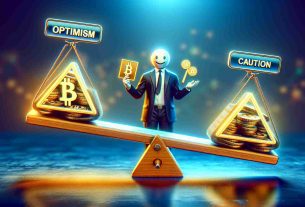 Generate a realistic high-definition image representing the concept of an investor alert, where optimism balances with caution in the movement of a hypothetical cryptocurrency market, visually represented by a seesaw with 'optimism' at one end and 'caution' at the other.