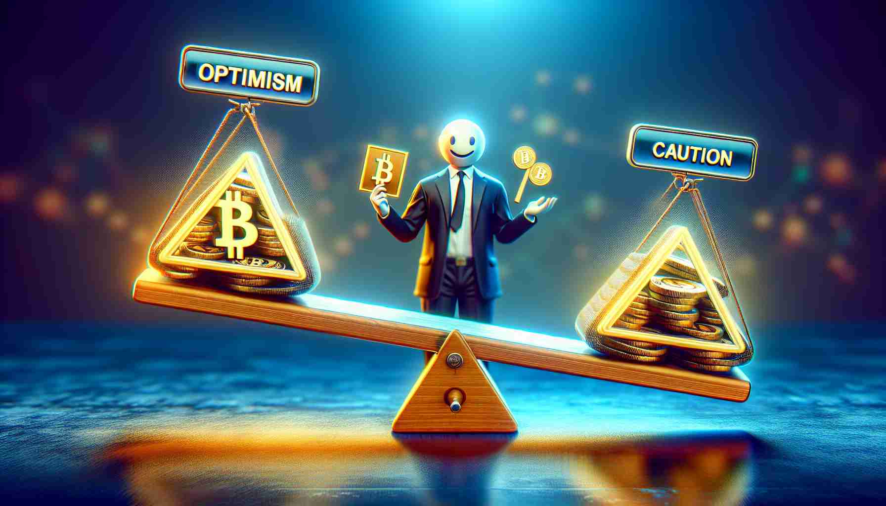 Generate a realistic high-definition image representing the concept of an investor alert, where optimism balances with caution in the movement of a hypothetical cryptocurrency market, visually represented by a seesaw with 'optimism' at one end and 'caution' at the other.